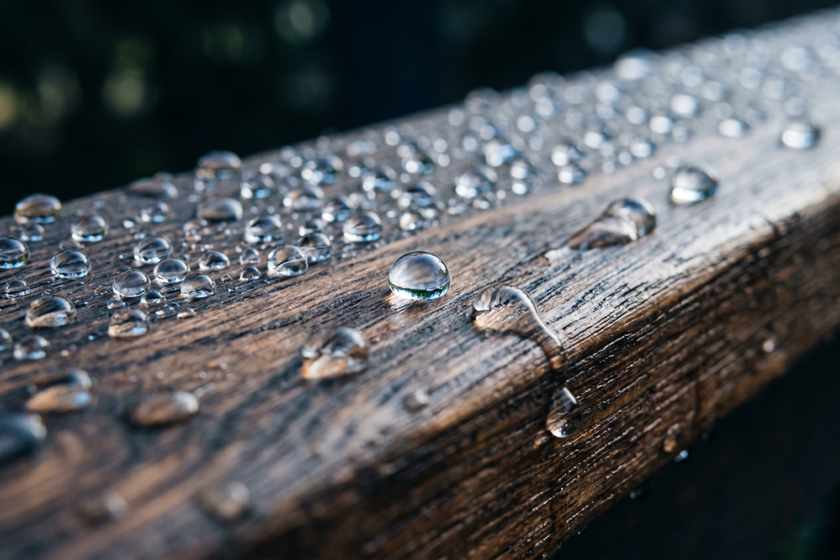 Kvapky vody perliace na hydrofóbne ošetrenom dreve
