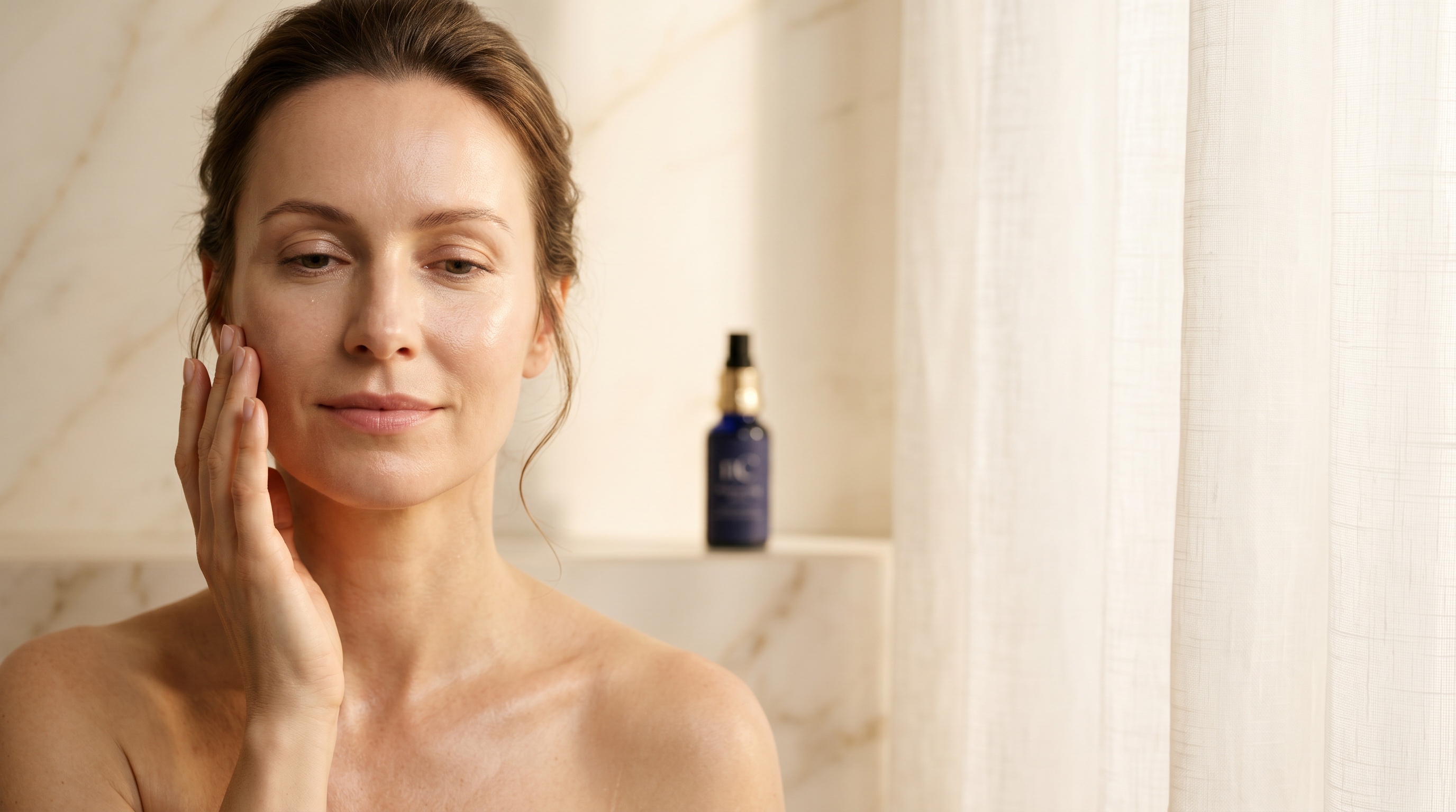 Žena se zdravou hydratovanou a zářivou pletí v momentu péče — nanoSPACE Cosmetics