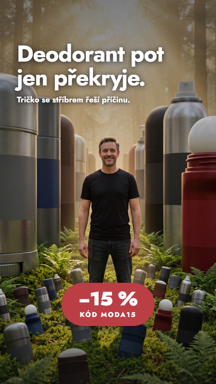 Muž v tričku nanoSPACE by LADA v aleji obřích deodorantů