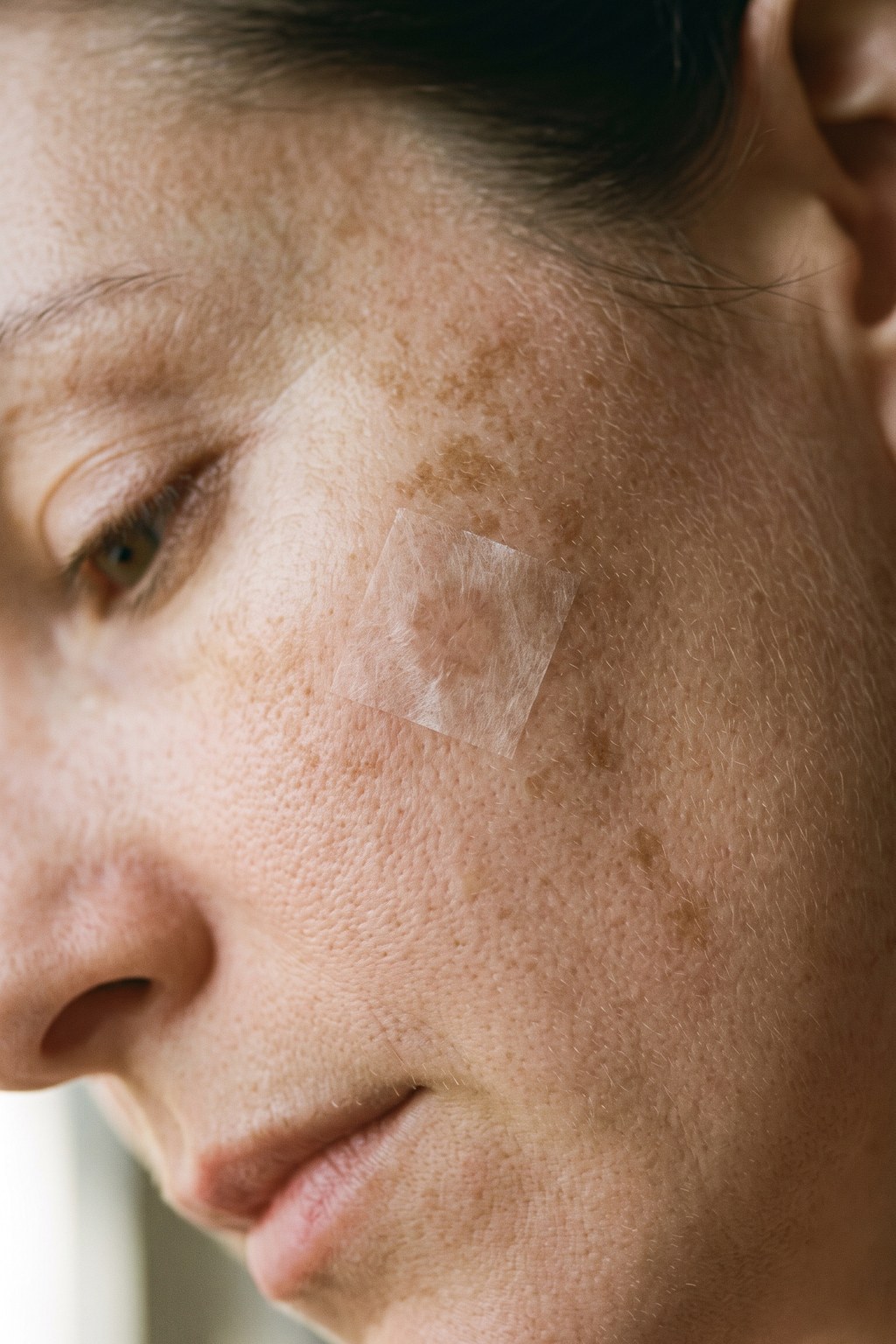 Nanovlákenná náplast [n]Pigment nalepená na pigmentové skvrně na tváři
