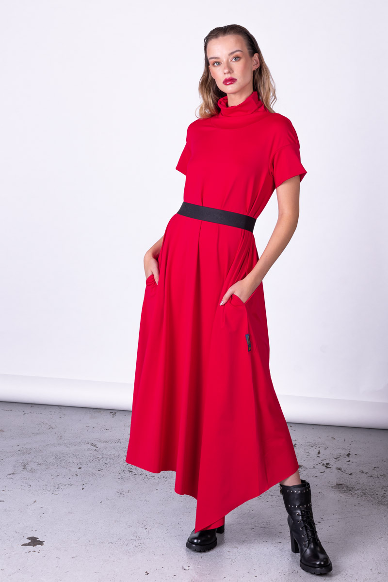 Levně Červené dlouhé rolákové šaty Peyto nanoSPACE by LADA Velikost: L/XL
