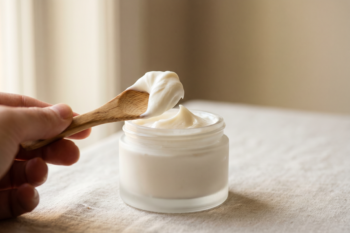 Die Textur einer nährenden Creme für trockene, gereizte Haut aus der Nähe