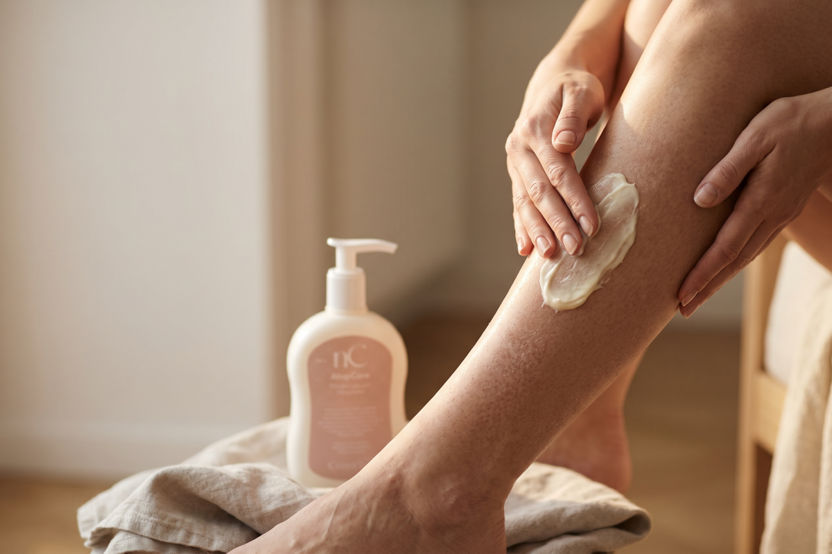 Caring for very dry skin in asteatotic eczema – applying a nourishing cream