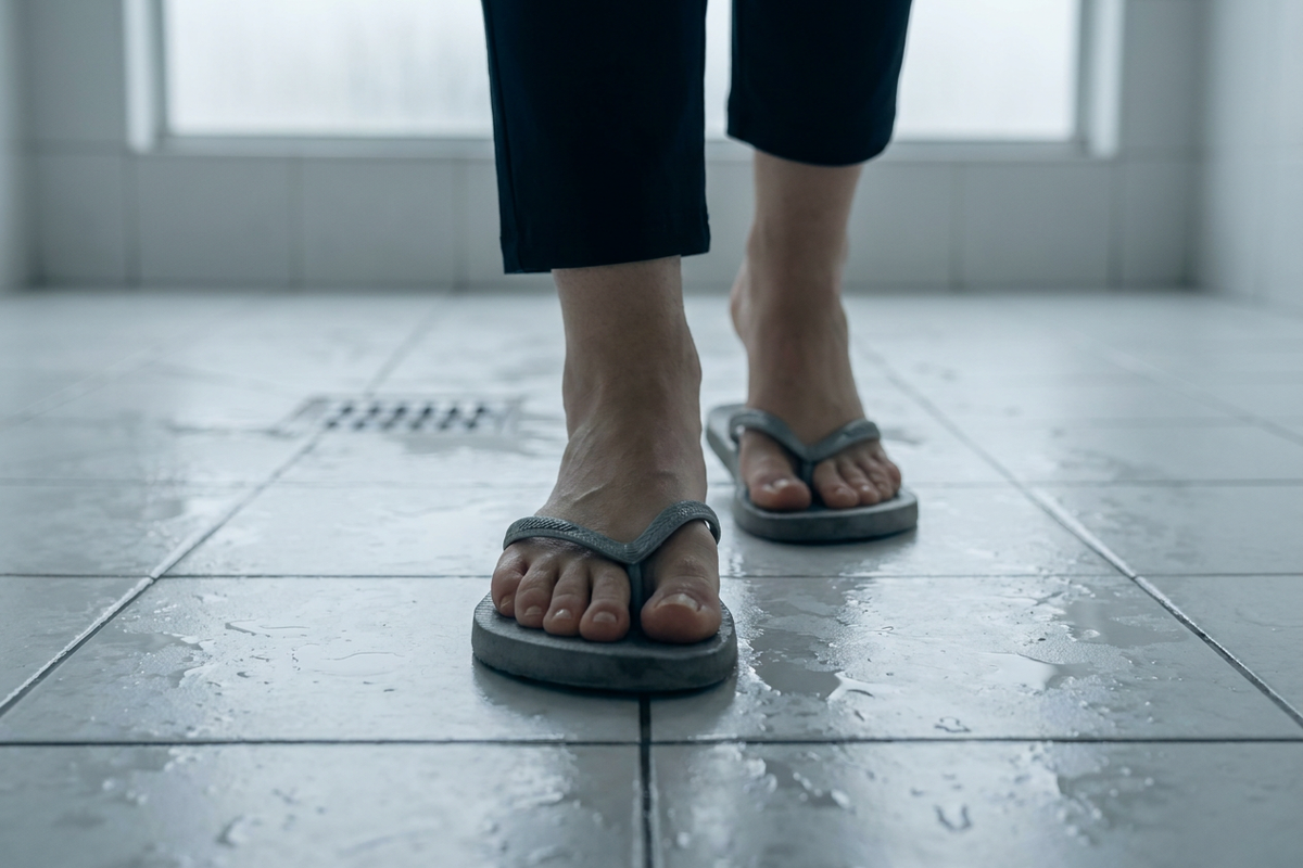 Bare feet in rubber flip-flops on the wet tiles of a shared shower