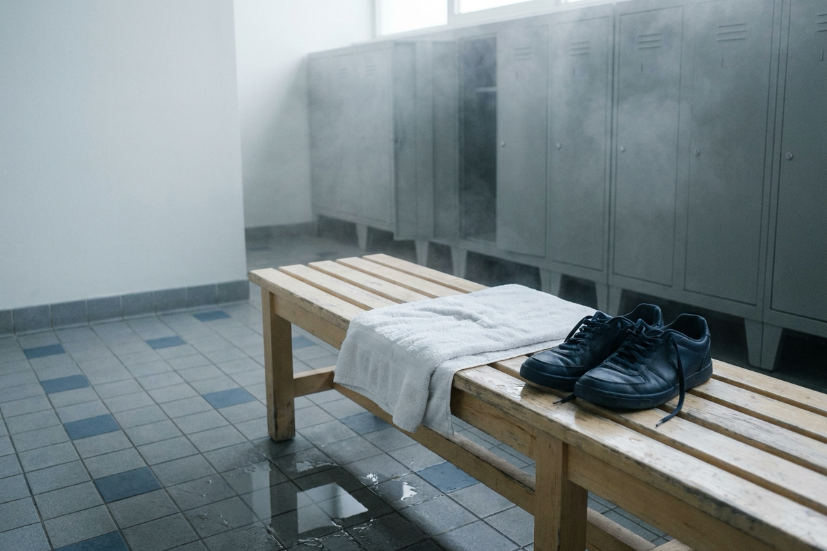 Damp towel and trainers on a bench in a swimming pool changing room