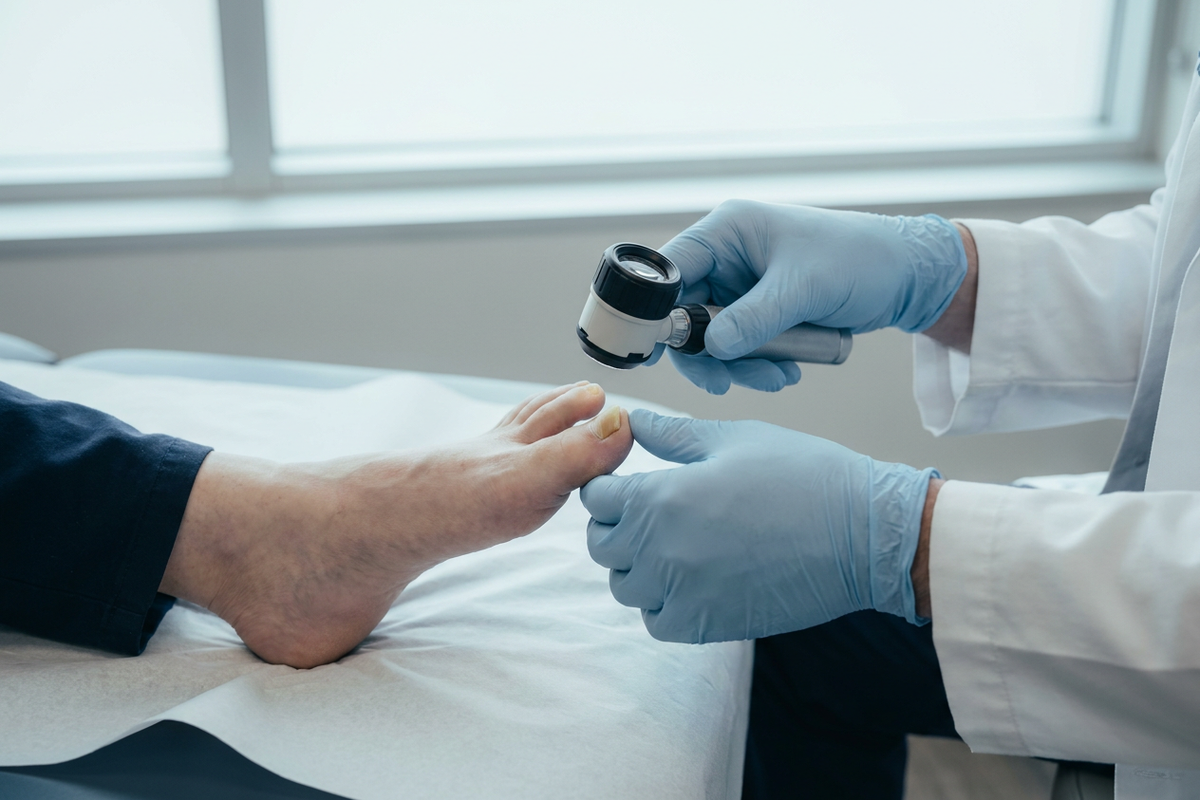 Dermatologist in gloves examining a big toenail with a dermatoscope