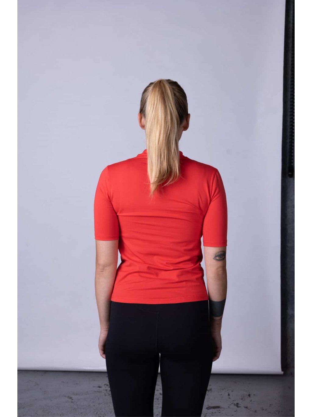 Red Women's T-shirt with a Stand-Up Collar nanosilver®