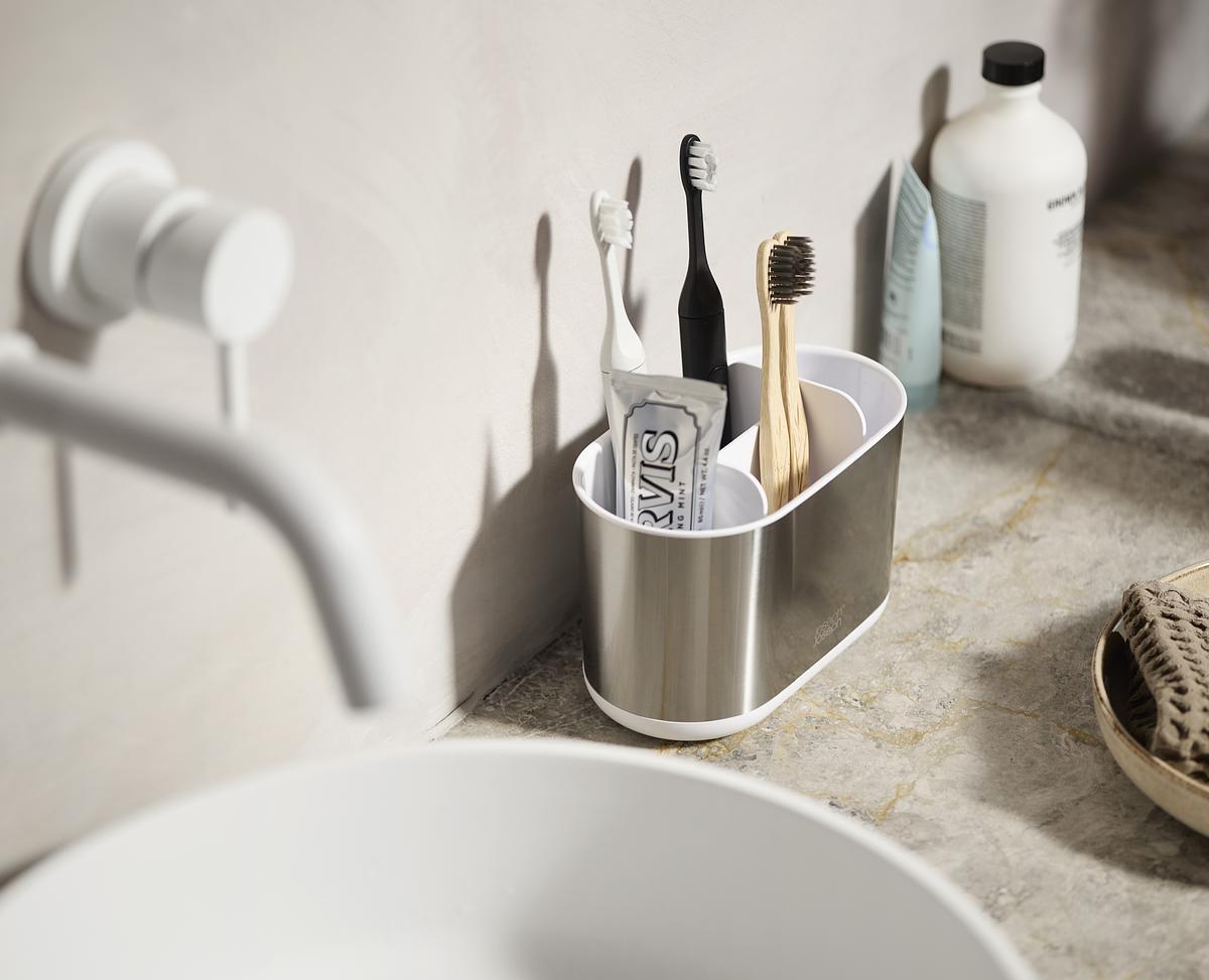 Stojánek na kartáčky Duo Steel Caddy 70606, velký, nerez/bílý JOSEPH JOSEPH