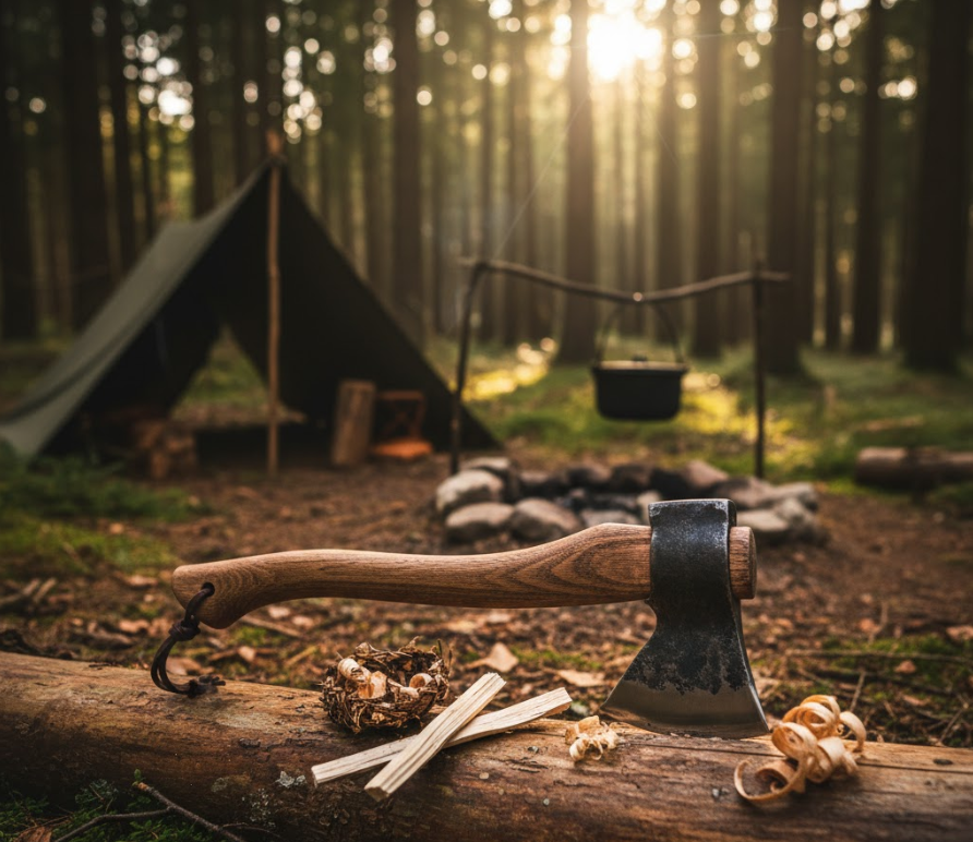 Kempingová sekera (hatchet) na dreve v kempingovom prostredí.