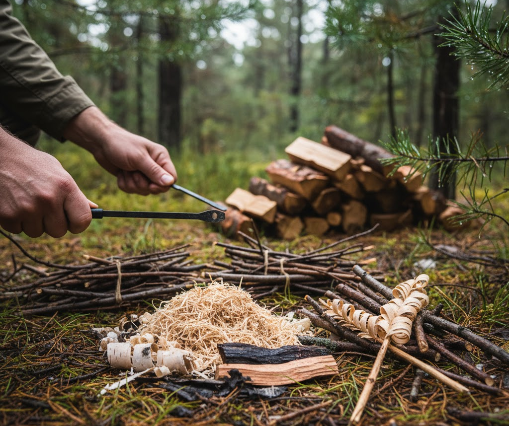 Obrázok s rôznymi typmi paliva: podpaľ (birch bark, hobliny) a triesky pripravené na založenie ohňa kresadlom.