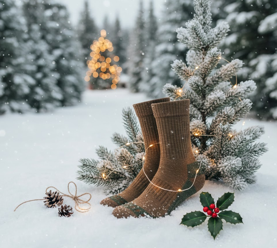 Ponožky z Merino vlny ako ideálny vianočný darček pre turistov. Vianočný obrázok: Vlnené ponožky v interiéri pri krbe s vianočným stromčekom a darčekom.