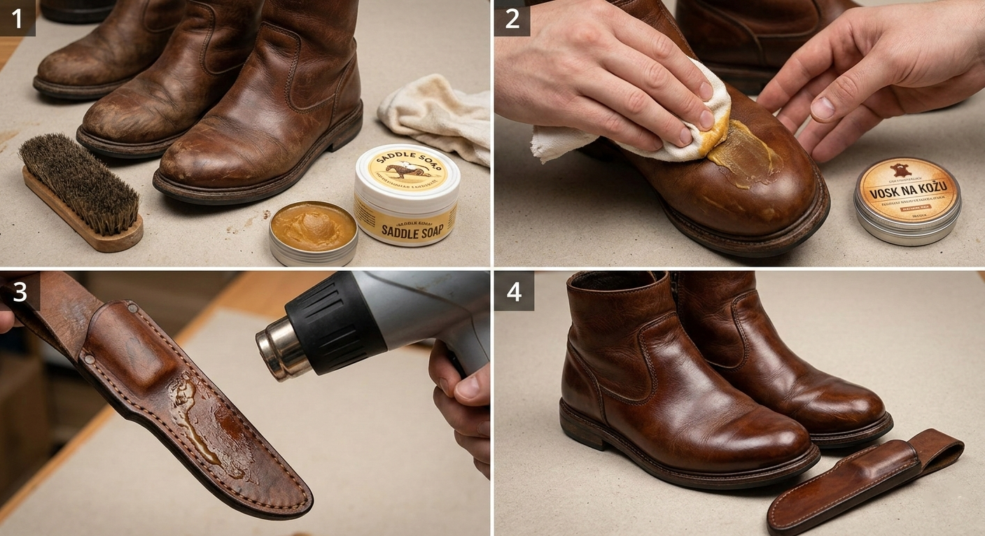 Proces voskovania topánok a puzdra na nôž