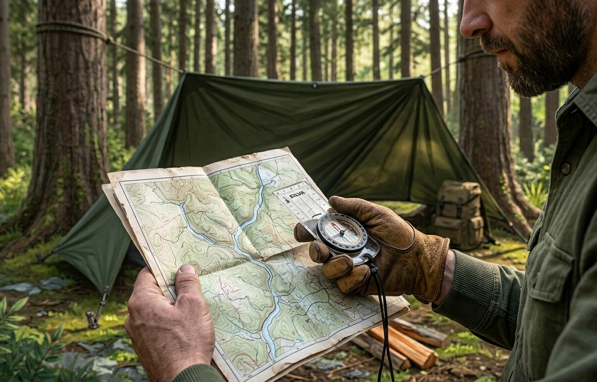 Topografická mapa a buzola v lese