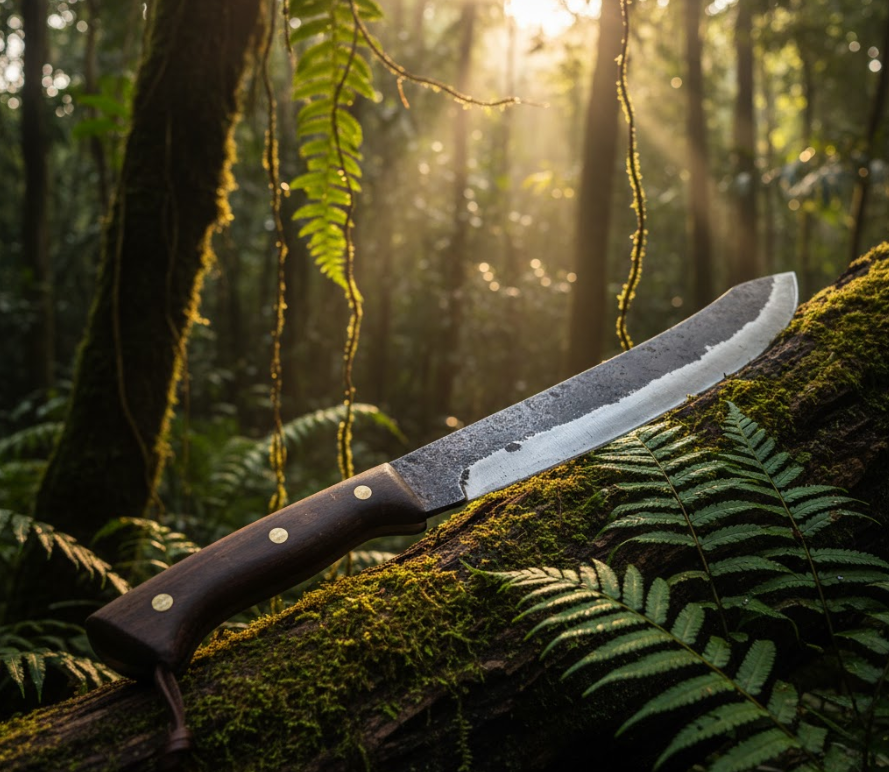 Klasická mačeta (Latin Machete) ležiaca na machom pokrytom kmeni v pralese.