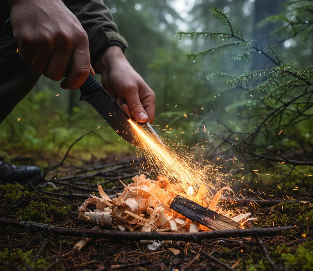 Človek zapaľujúci podpaľ pomocou kresadla, s jasnými iskrami.