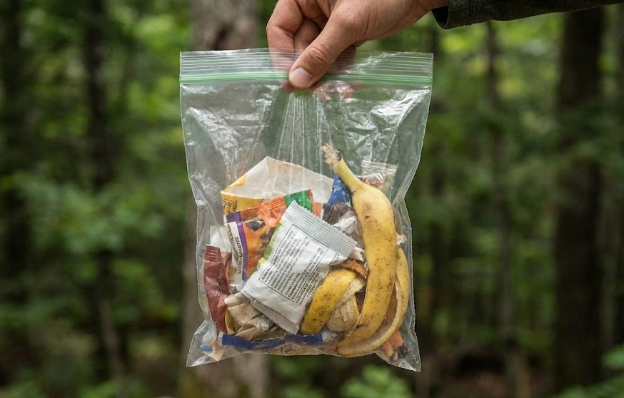 Odpadky v lese v sáčku