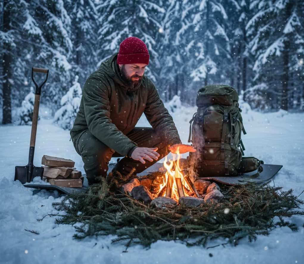 Scéna s opatrným zohrievaním rúk pri malom ohni.