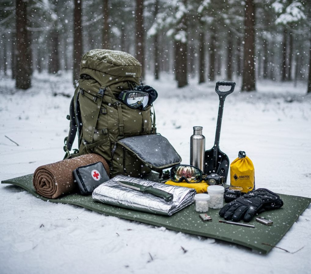 Fotografia rozloženej zimnej survival výbavy na karimatke vedľa batohu.