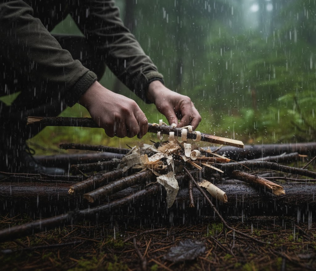 Oheň s postaveným závetrím v lesnom prostredí a drevo sušiace sa v jeho blízkosti.