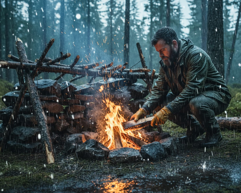Bezpečne založený oheň pred jednoduchým prístreškom v lese, zobrazený z 45-stupňového uhla.