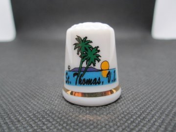 Sběratelský náprstek - Americké Panenské ostrovy - St. Thomas (Svatý Tomáš), s palmami, s ochrannou značkou
