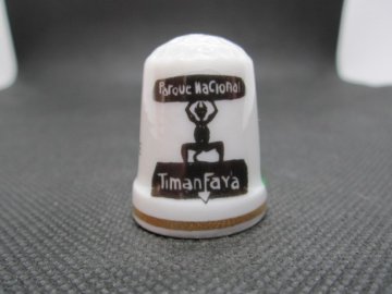 Sběratelský náprstek - Španělsko - Lanzarote, Timan Faya (Ohňové hory), se sochou ďábla a mapa