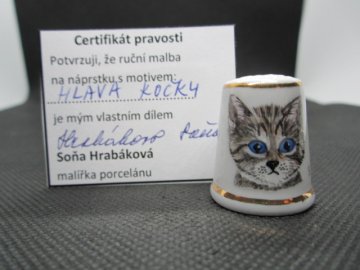 Sběratelský náprstek - Hlava kočky - Hrabáková Soňa, s certifikátem, ruční malba