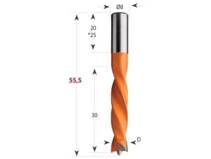 CMT | Kolíkovací vrtáky neprůchozí, stopka ø 8 mm, celková délka 55,5 mm