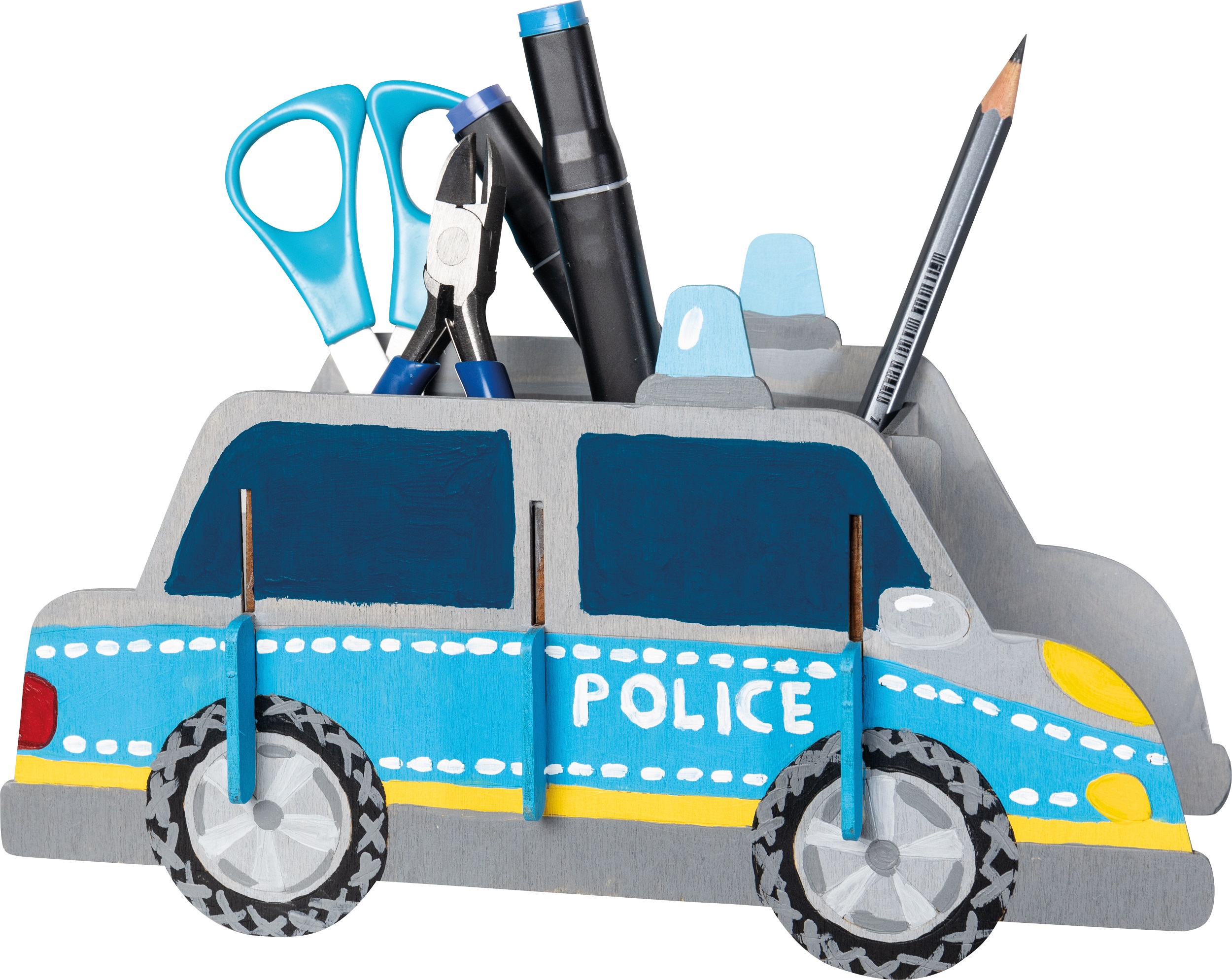 Pebaro | Dřevěný laserem vyřezávaný stojánek na tužky ve tvaru policejního auta