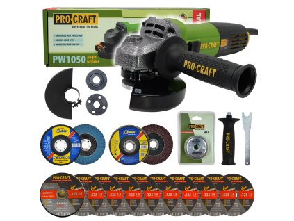 Bruska úhlová Procraft PW1050 + rychloupínací matice, 10x řezný kotouč, 2x lamelový kotouč | SPW1050/RM14