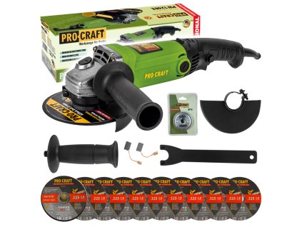 Bruska úhlová Procraft PW1200E + rychloupínací matice RM14, 10x řezný kotouč CD125x1.0b v boxu | SPW1200E/CD125x1.0b/RM14