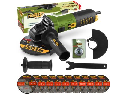 Bruska úhlová Procraft PW1550 + rychloupínací matice RM14, 10x řezný kotouč CD125x1.0b v boxu | SPW1550/CD125x1.0b/RM14