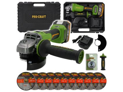 Aku úhlová bruska Procraft PWA220 + rychloupínací matice, 10x řezný kotouč CD125x1.0b v kovovém boxu | SPWA220/CD125x1.0b/RM14