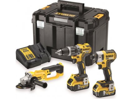 DeWalt DCK383P2T 18V sada BEZUHLÍKOVÁ příklepová vrtačka DCD796 + rázový utahovák DCF887 + úhlová bruska DCG412 + 2 x Li-Ion 5,0 Ah + kufr Tstak