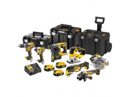 DeWalt Aku sada kombo nářadí 18V Dewalt DCK755P3,DCD796 Aku vrtačka,DCF887 rázový utahovák,DCH273 SDS kladivo,DCG405 úhlová bruska,DCS355 multibruska ,DCS570 okružní pila, DCS334 přímočará pila, x baterie 5Ah,Nábíječka, Kufry Tstack