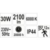 Reflektor s vysoce svítivou COB LED, 30W, 2100lm, IP44, pohyb. senzor