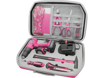 vrtací šroubovák aku s příklepem, růžový, 12V Li-ion, 2000mAh, v kufru s nářadím, sada 27ks