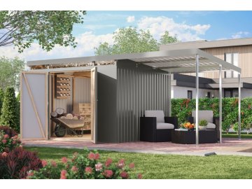 plechový domek KARIBU IRIDIUM 3,5 + přístavek 200 cm (48498) šedý LG4818