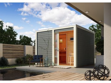 finská sauna KARIBU CUBEN (81132) tm. šedá s předsíní LG1933