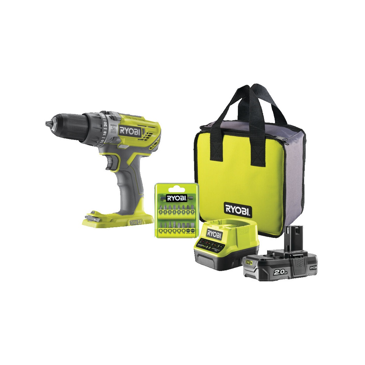 Ryobi R18PD3-120SA17 - aku 18V příklepová vrtačka + 1x 2Ah baterie + nabíječka + taška + sada bitů ONE+