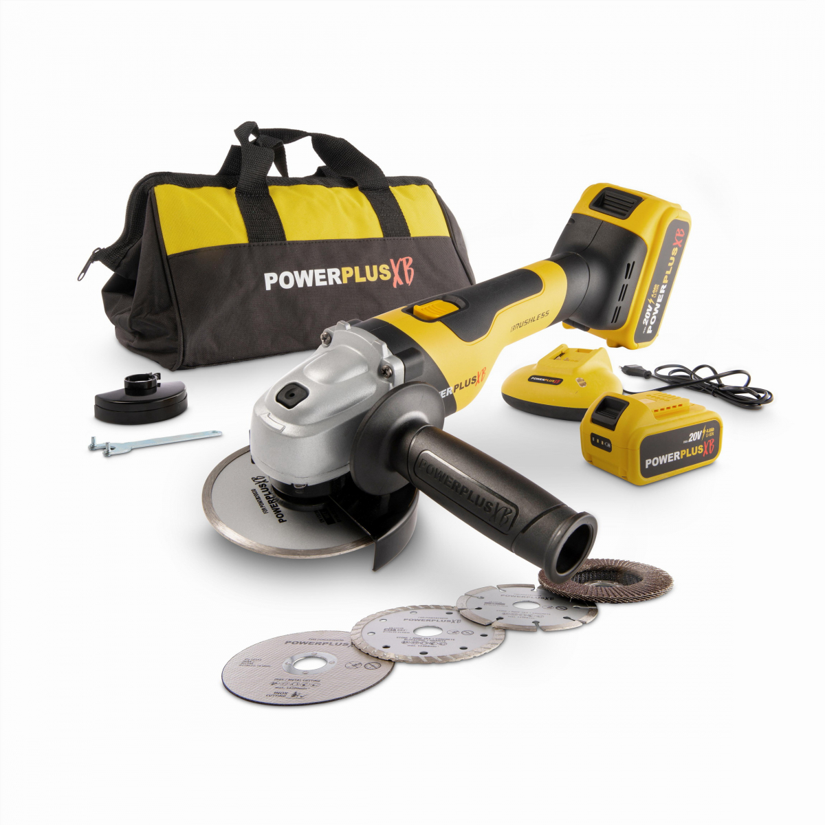 POWERPLUS POWXB20030 - Aku úhlová bruska 115mm 20V 2bat 4,0Ah plus 8ks přísl