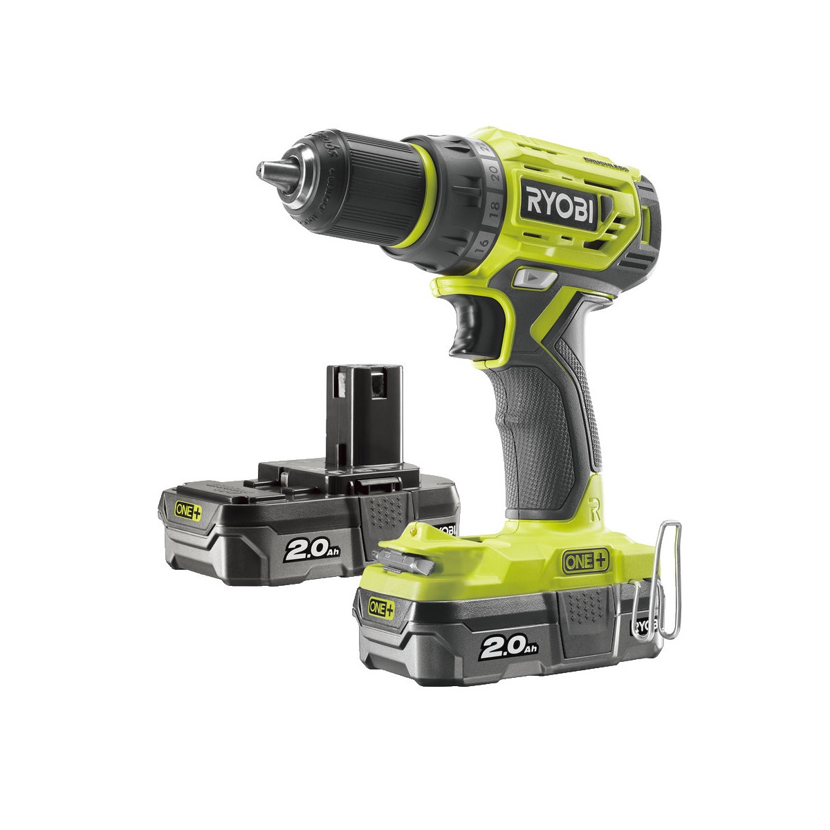 Ryobi R18DD7-220S - aku bezuhlíkový 18 V šroubovák/vrtačka + 2x 2Ah baterie + nabíječka ONE+