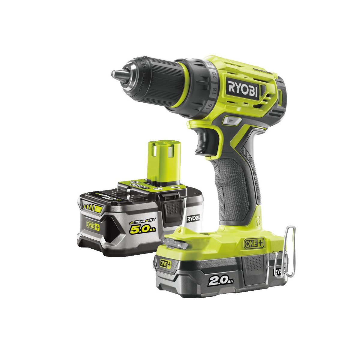 Ryobi R18DD7-252S - aku bezuhlíkový 18 V šroubovák/vrtačka + 1x 2Ah + 1x 5Ah baterie + nabíječka ONE+