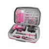 vrtací šroubovák aku s příklepem, růžový, 12V Li-ion, 2000mAh, v kufru s nářadím, sada 27ks