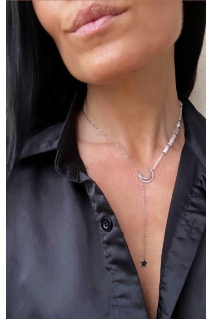 Dámský náhrdelník  z minerálů - Růženín 4mm a 2 mm, Měsíční kámen 3 mm, Křišťál 4 mm, stříbrný řetízek měsíc s hvězdičkou ocel