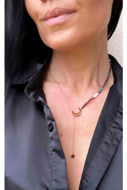 Dámský náhrdelník  z minerálů - Smaragd 4mm, Měsíční kámen a Granát 3 mm, zlatý řetízek měsíc s hvězdičkou ocel