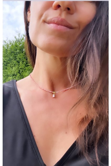 Dámský náhrdelník z minerálů - Rodonit, 2 mm, přívěšek a růžovým zirkonem