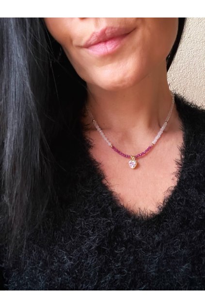 Dámský náhrdelník  z minerálů - Rubín, Kříšťál, 3mm, Růženín 4mm, Srdce se zirkonem růžové