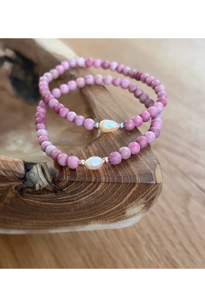Dámský náramek z minerálů - Rodonit matný 4mm, Říční perla 5-6mm