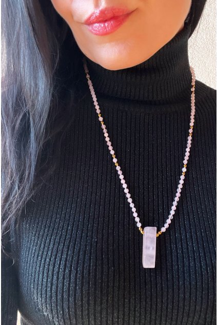 Dámský náhrdelník z minerálů - Růženín 4 mm, Hematit 3 mm, přívěšek Růženín